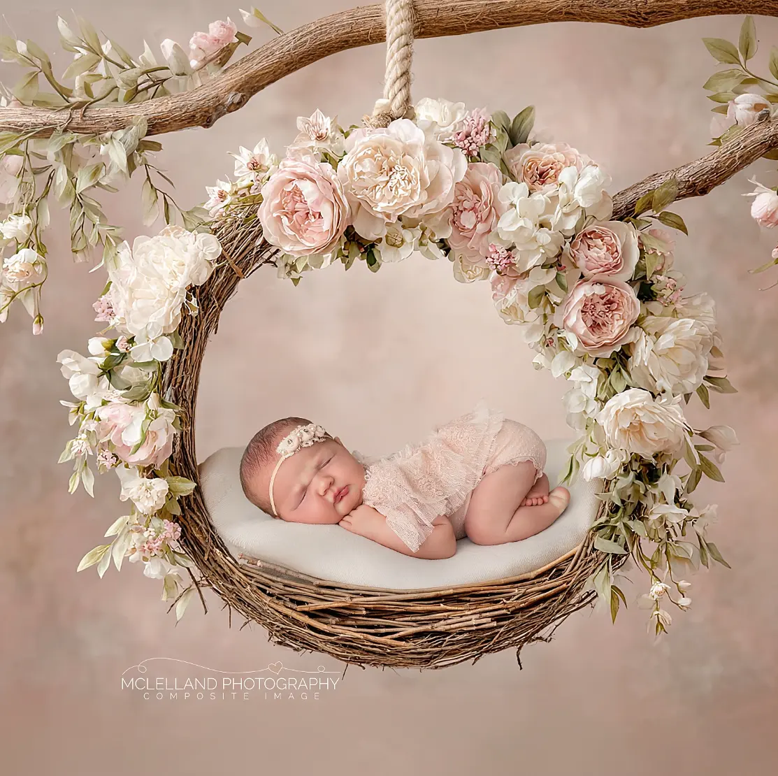 Sleeping newborn posed safely in a floral hanging basket setup - newborn photography prop - Dvotinst