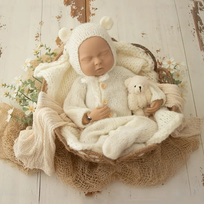 Baby Handmade Knitted Outfit with Bear Hat Wrap 3pcs Set