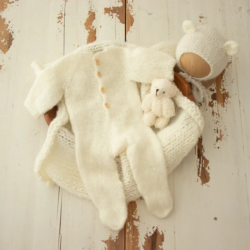 Baby Handmade Knitted Outfit with Bear Hat Wrap 3pcs Set - Image 3