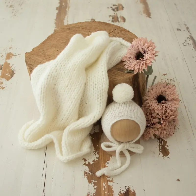 Baby Handmade Knitted Wrap with Ball Hat 2pcs Set - Image 5