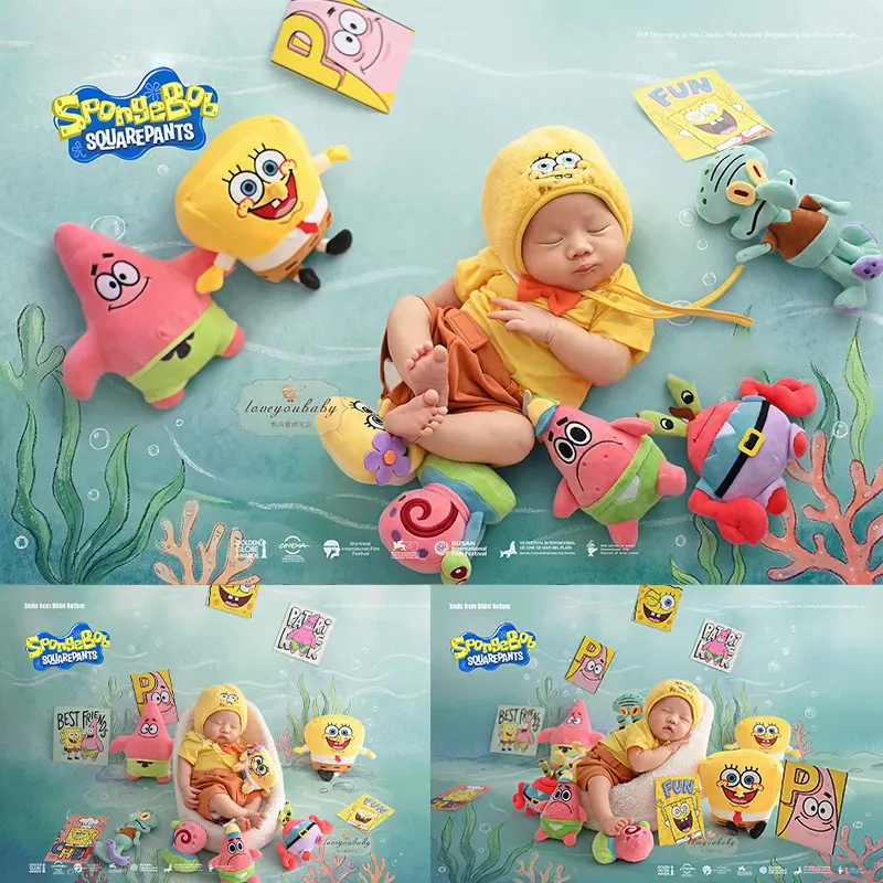 SpongeBob yellow and blue newborn photography setup with posters - Spongebob Theme Set - Dvotinst